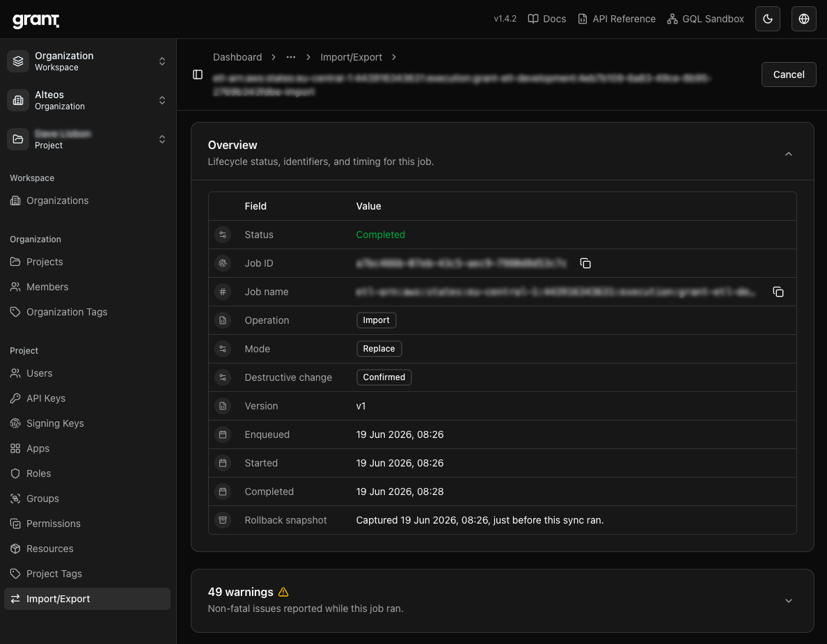 Grant import job overview with status, mode, and rollback snapshot details