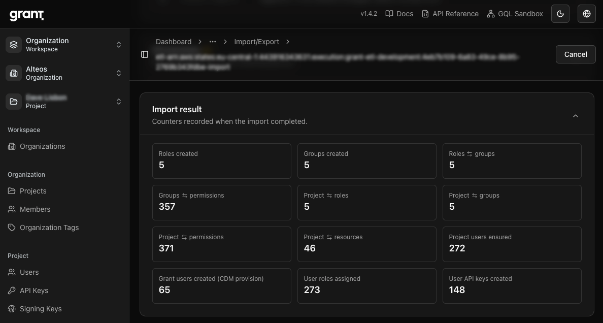 Grant import result counters for roles, groups, permissions, and users