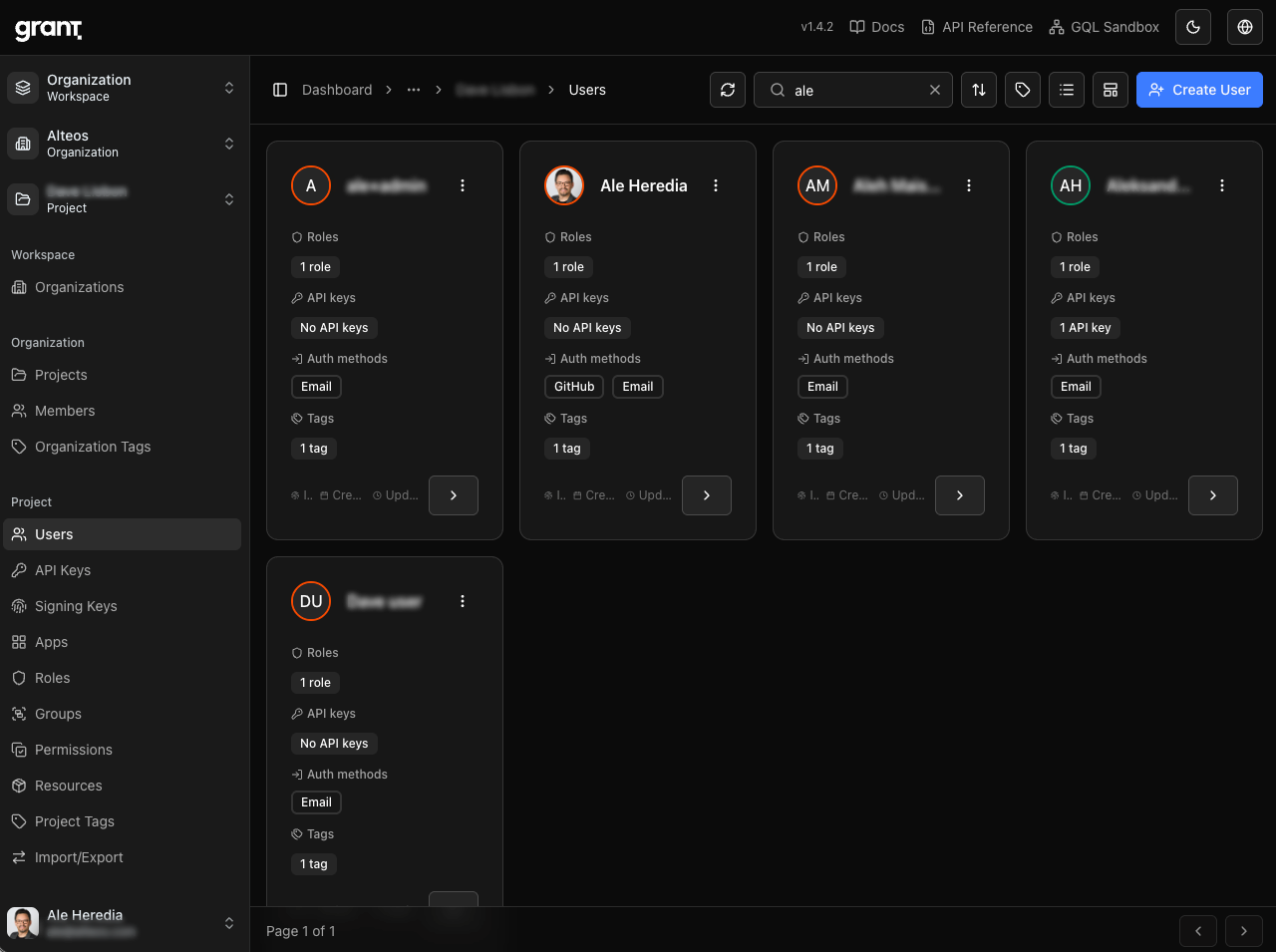 Grant project users grid with keyword search
