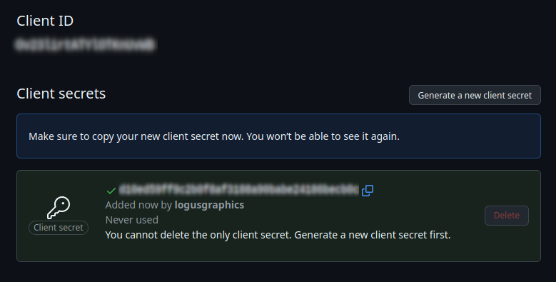 GitHub OAuth App credentials page showing Client ID and Client Secret