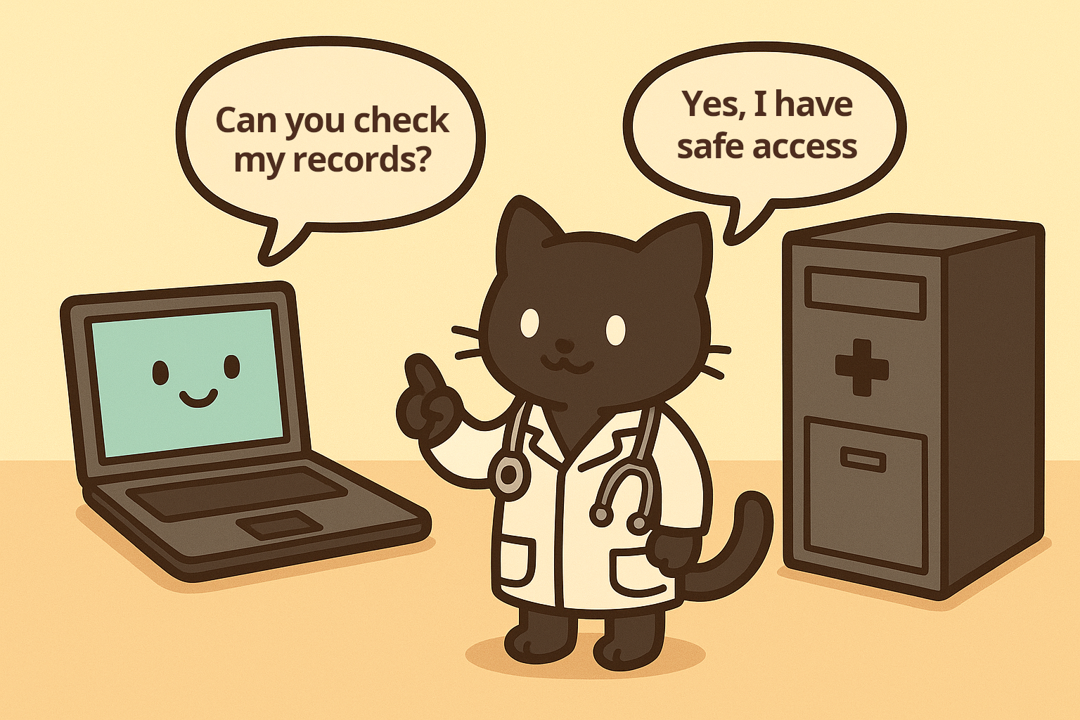 Health records safe access delegation illustration showing a laptop requesting records, a doctor cat confirming safe access, and a healthcare server