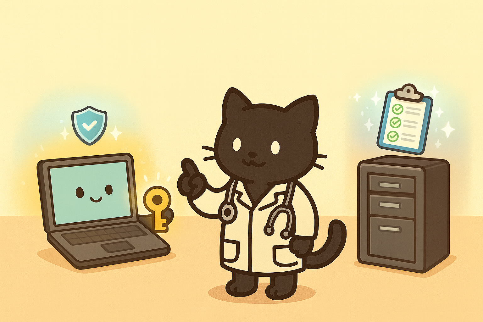 Mutual benefits of delegated trust illustration showing a doctor cat with secure laptop, key, shield, and organized filing cabinet