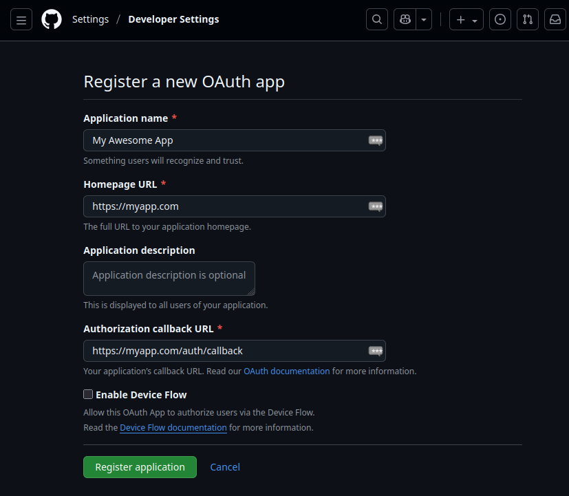 GitHub OAuth App registration form showing application name, homepage URL, and authorization callback URL fields