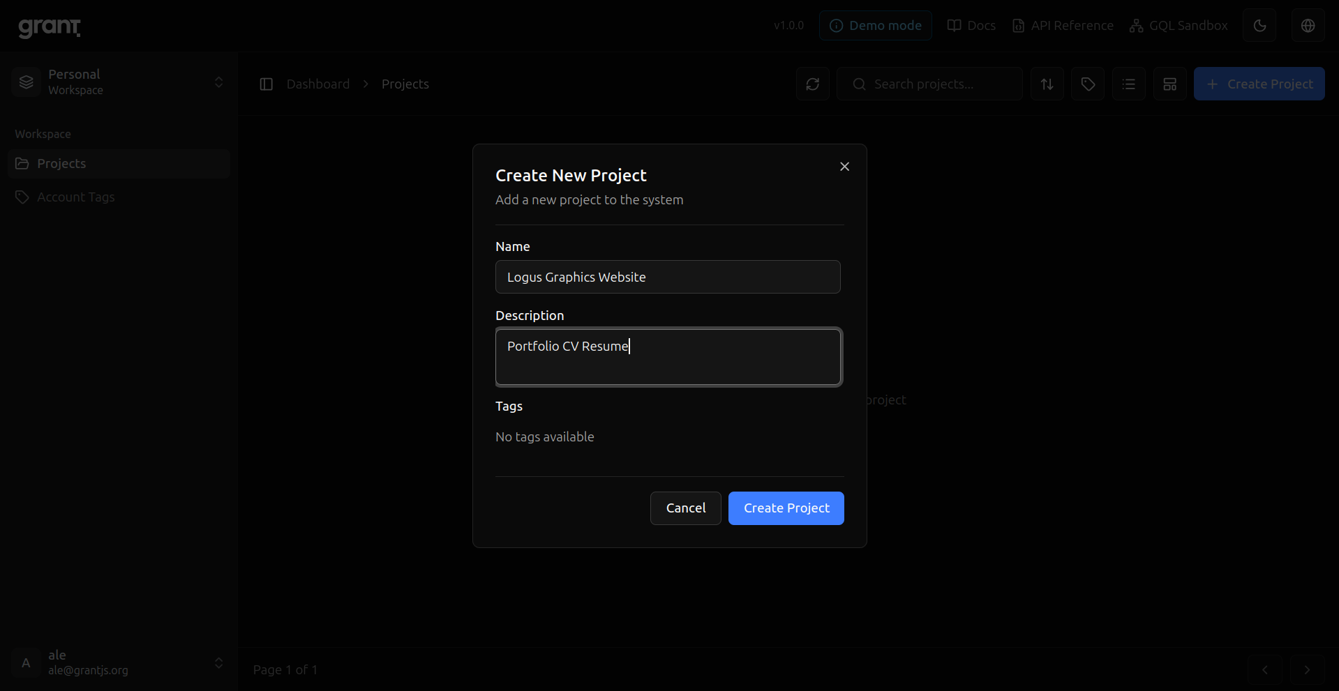 Grant create project form