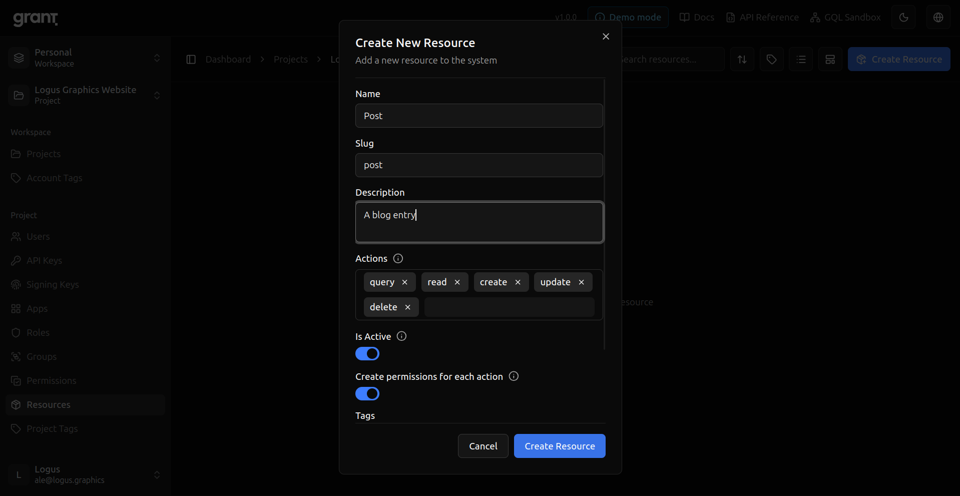 Grant create resource form