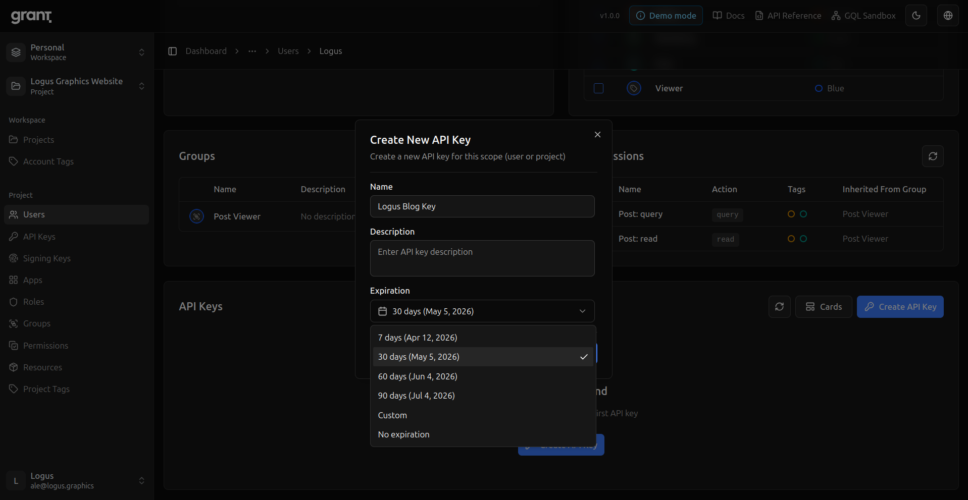 Grant create user API key