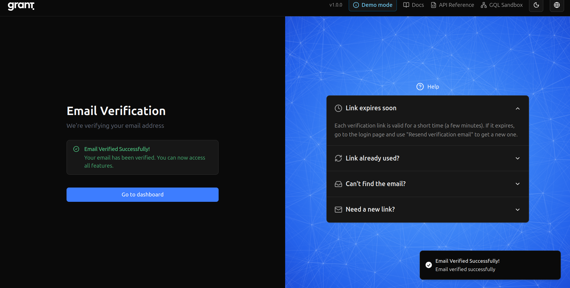Grant email verification confirmation