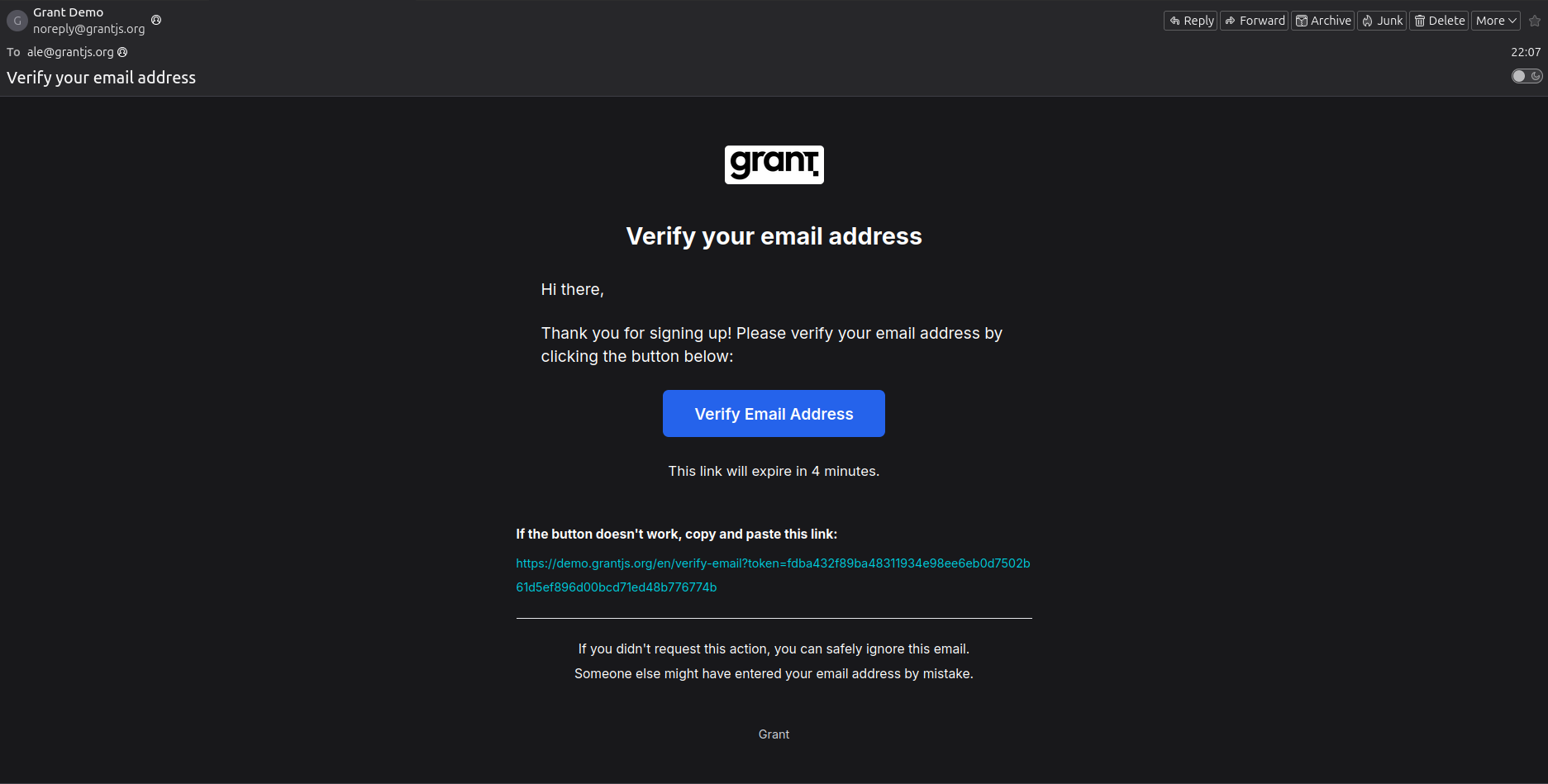 Email client showing Grant verification email