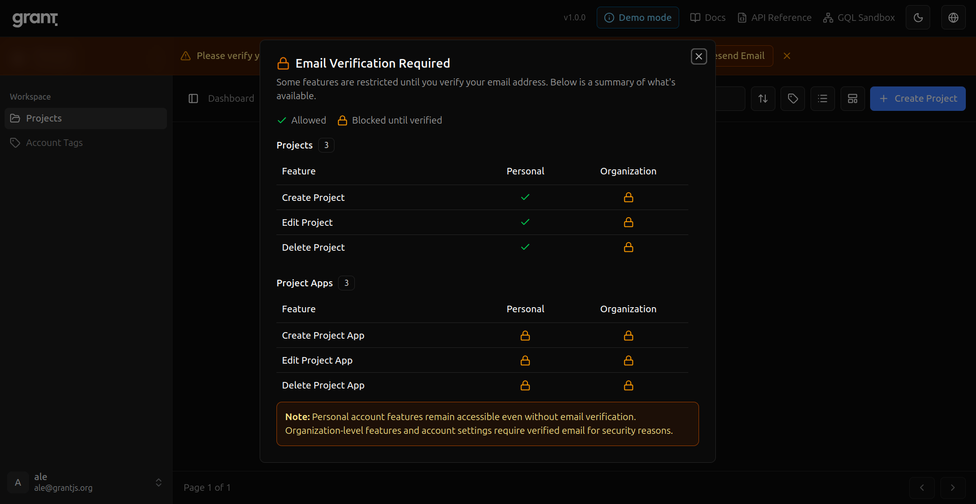 Grant UI showing restrictions until email is verified