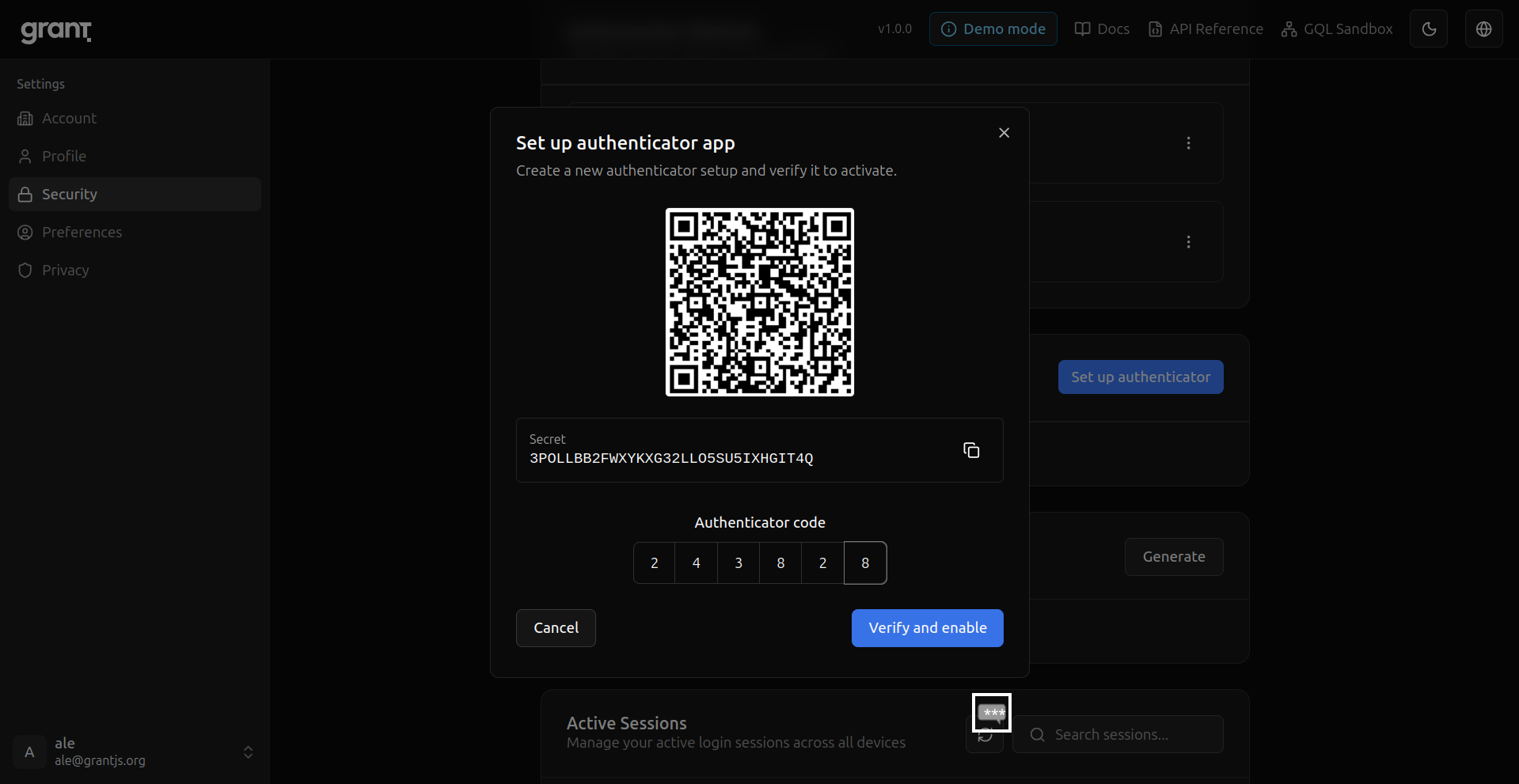 Grant MFA setup QR code