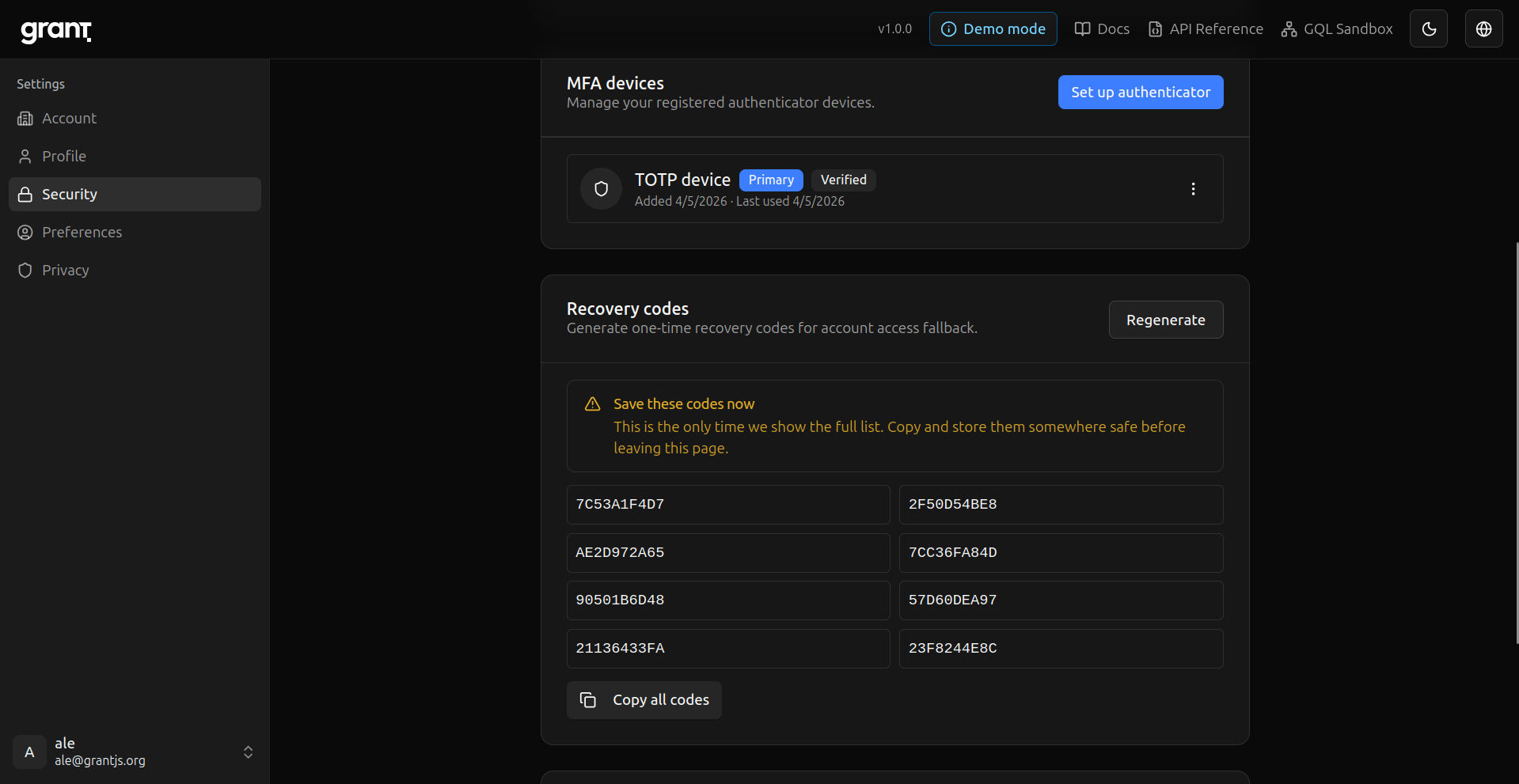 Grant MFA recovery codes