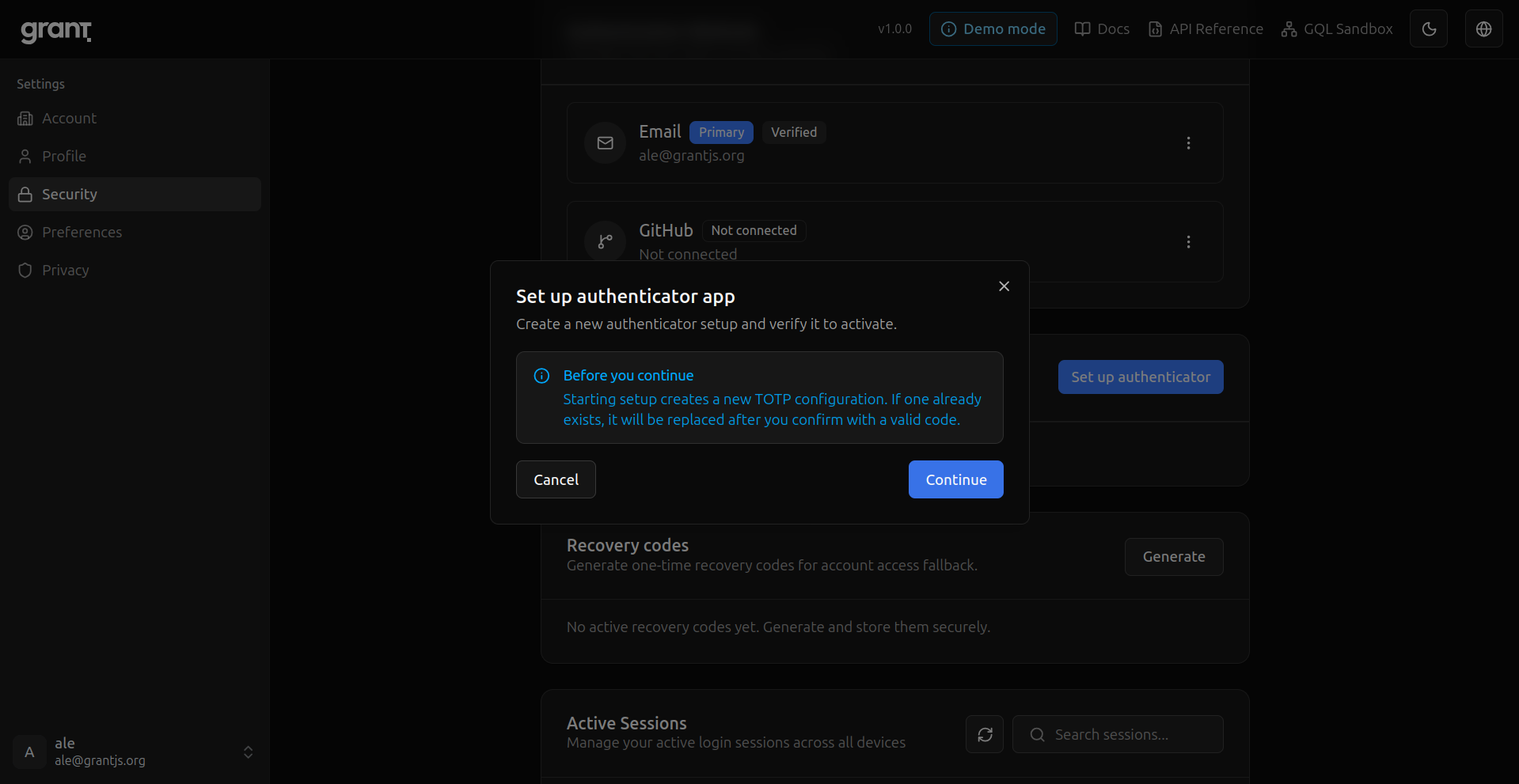 Grant multi-factor authentication setup