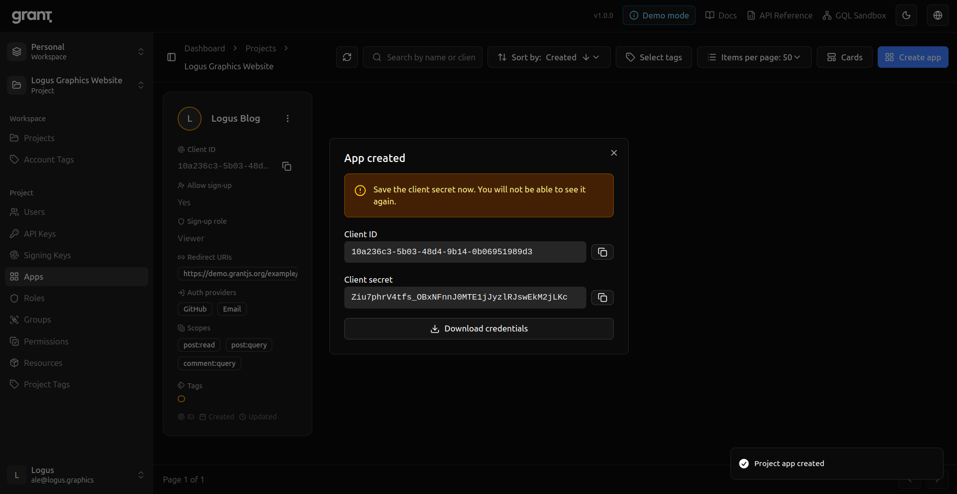 Grant project app configuration