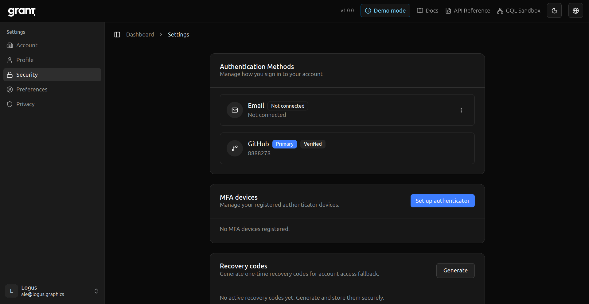 Grant account security settings