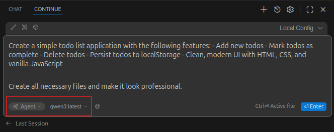 Prompting Continue with Agent mode selected